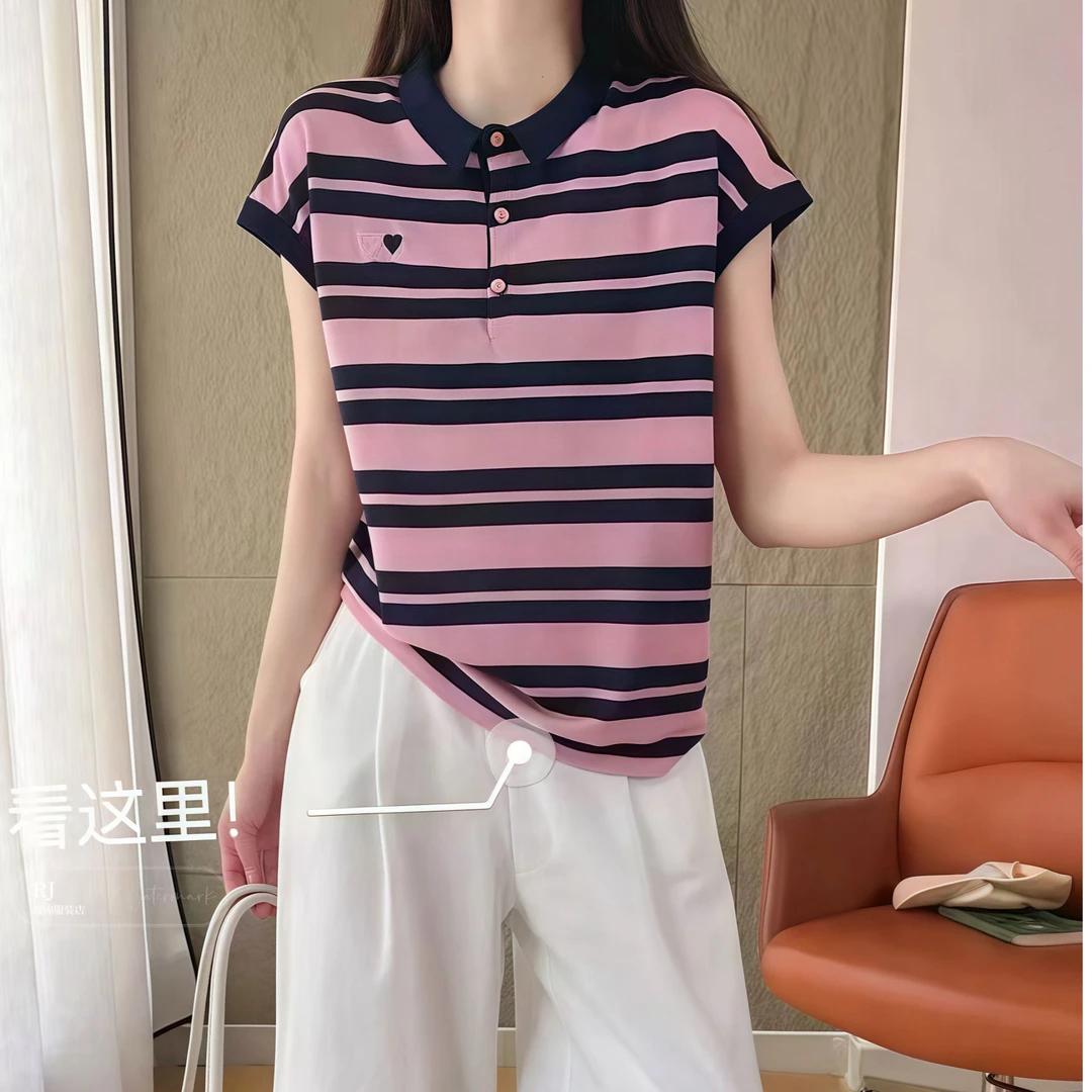 【RJ】夏季条纹针织衫polo领短袖t恤休闲修身显瘦女生韩系ins衣服
