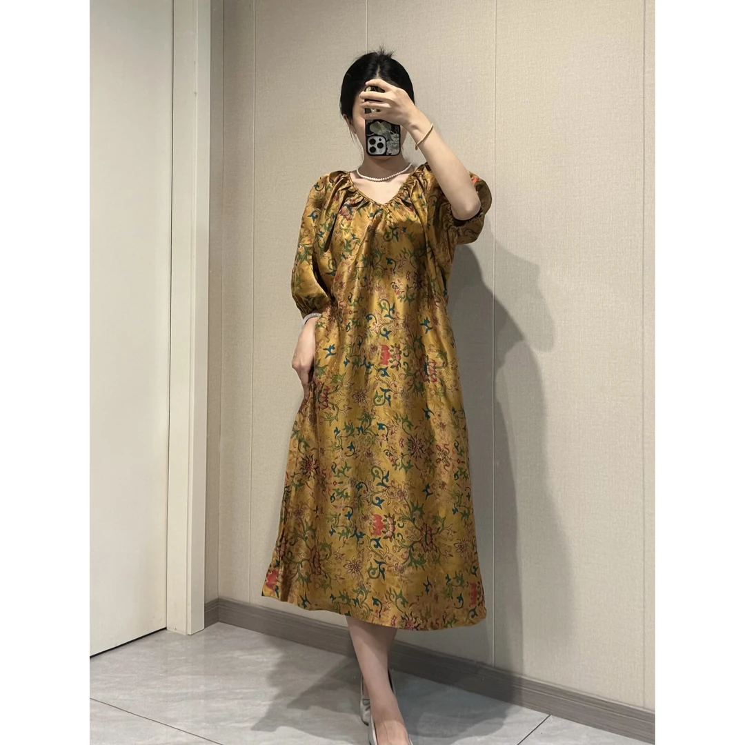 黄色缠枝莲双V连衣裙100%桑蚕丝红云纱花萝120长度
