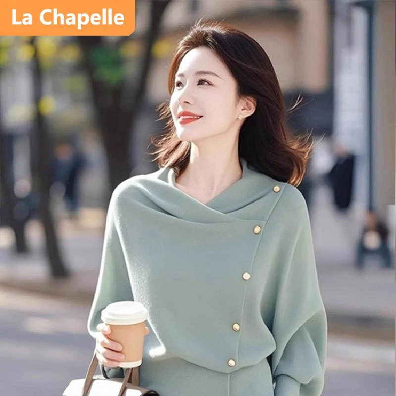 拉夏贝尔秋冬毛针织衫时尚上衣女装慵懒风套头拼接式休闲显瘦上衣