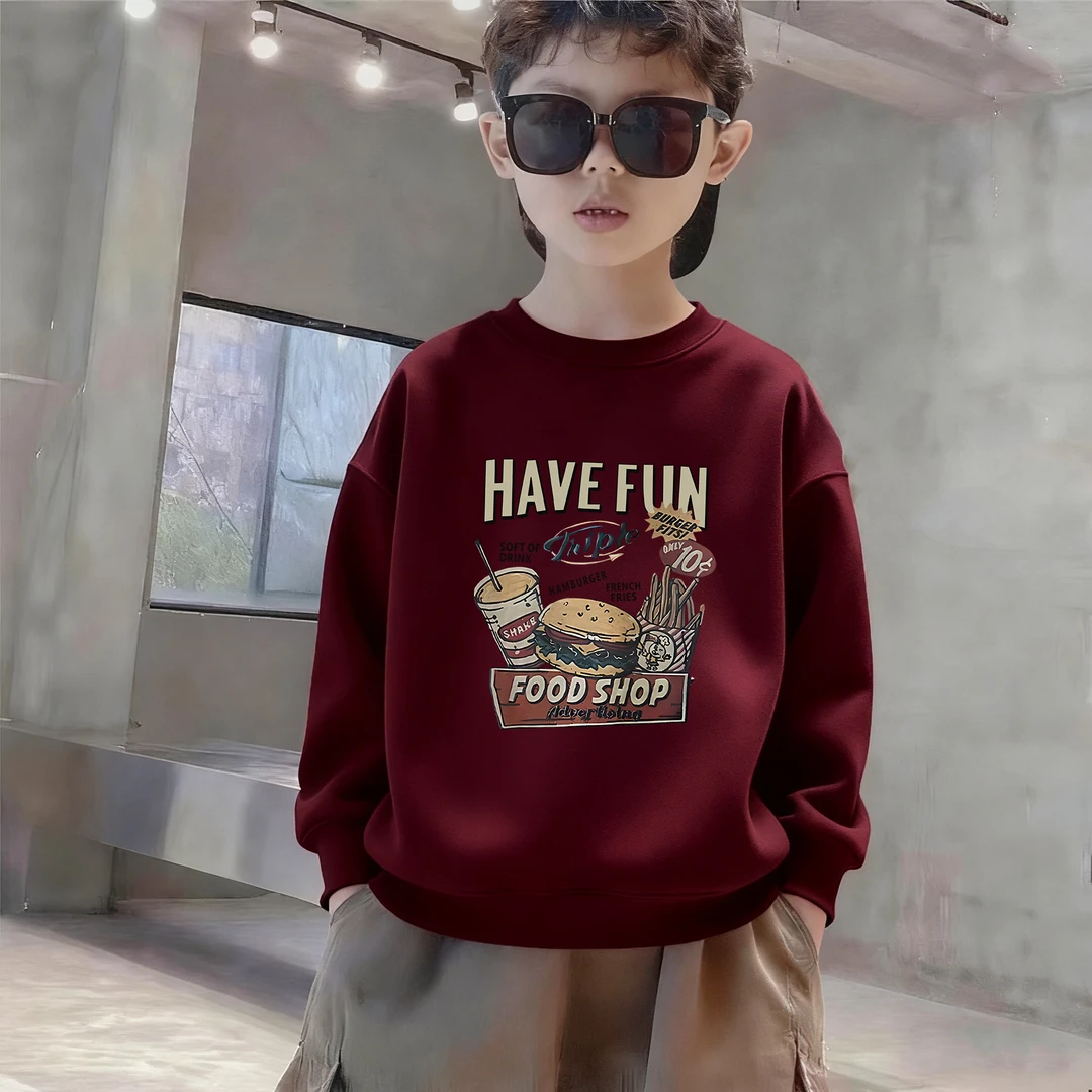 美式潮流酒红中大童连帽卫衣男女复古秋冬潮牌百搭加绒加厚帽衫潮