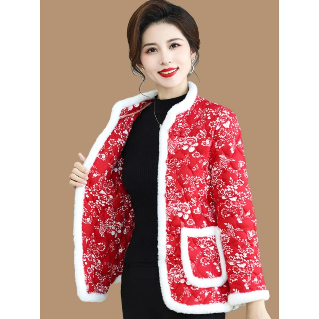 皮尔卡丹秋冬新款碎花衣中老年妈妈民族风盘扣唐装保暖女士袄外套