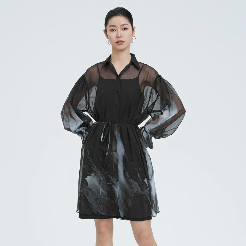 S·DEER圣迪奥女装时尚休闲收腰晕染抽绳衬衫连衣裙S22281204