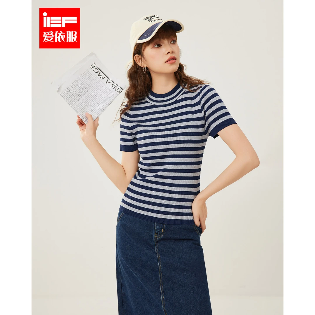 IEF/爱依服2025秋季新款韩系风简约条纹显瘦毛织上衣欧若风流光风
