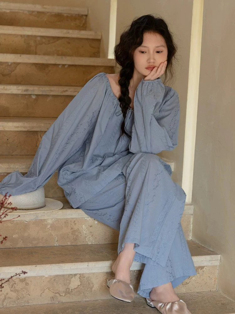 族马士 蓝色圆领春款睡衣家居服