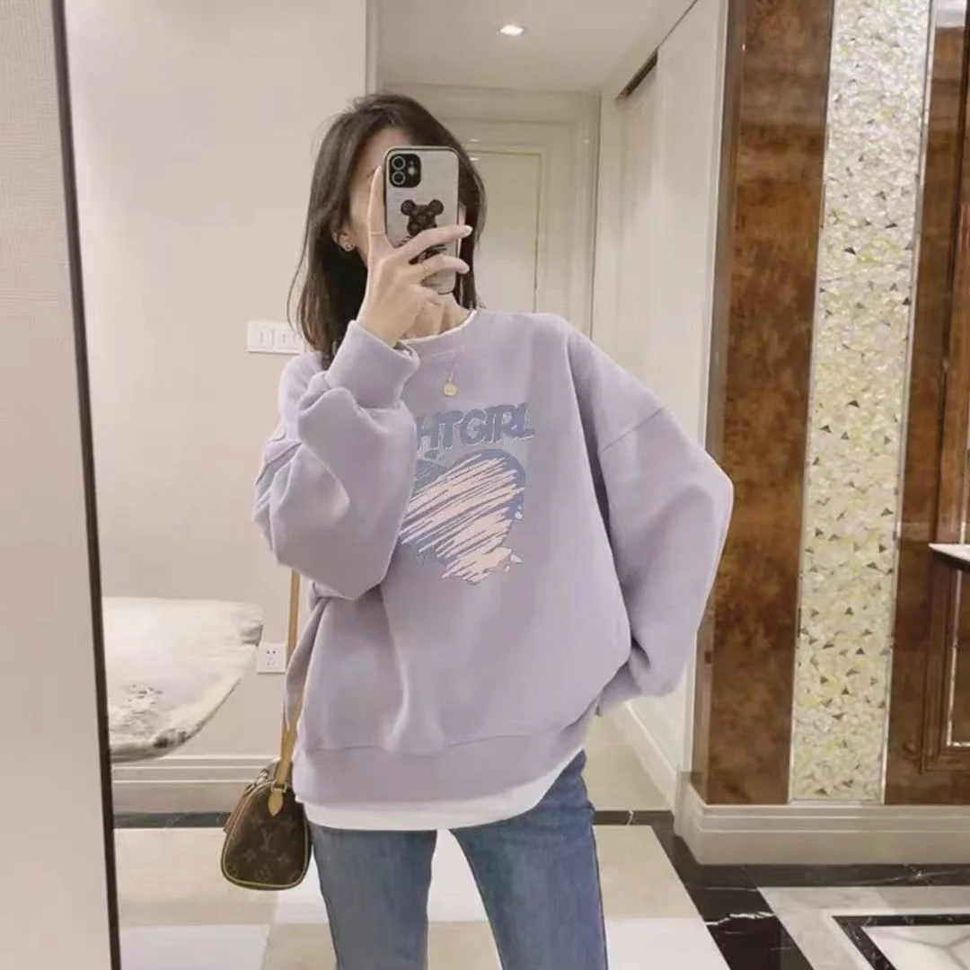 韩版圆领小个子宽松卫衣女春秋冬印花百搭休闲加厚加绒长袖时尚