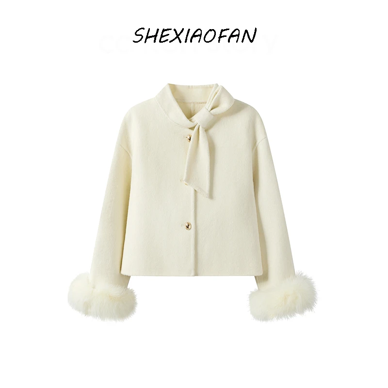 韩系设计感毛绒袖口毛呢外套女秋冬季新款高级感保暖百搭开衫上衣