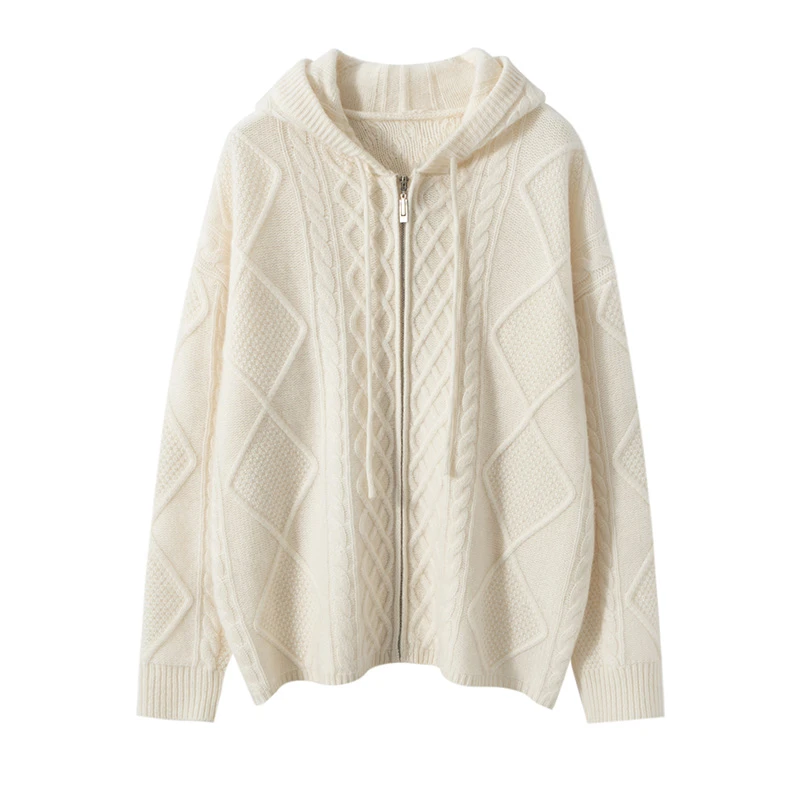 LP同款拉链帽衫~大克重J加厚连帽绞花羊绒开衫AS8353宽松显瘦慵懒