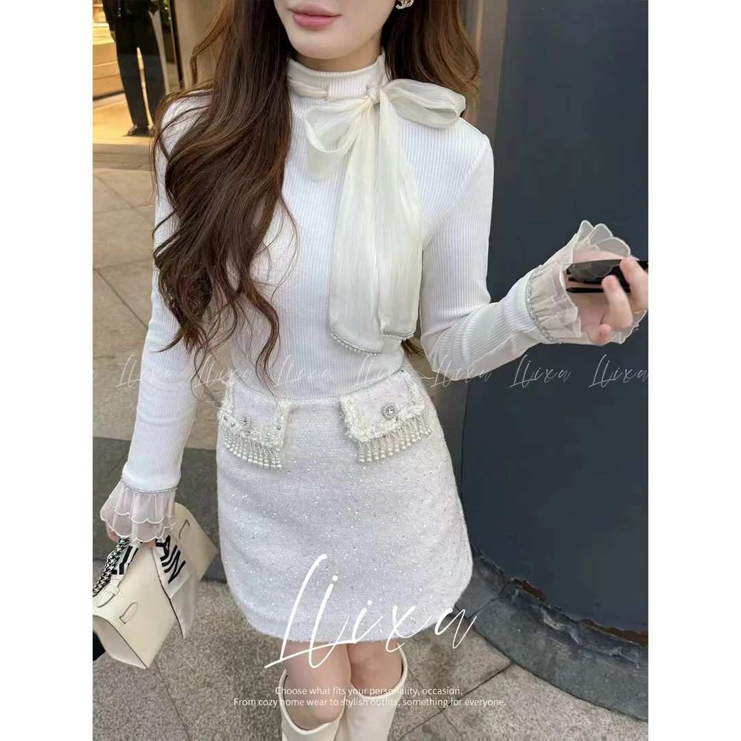 【小榆】法式蕾丝蝴蝶结针织衫女秋冬设计感喇叭袖打底衫X53ZZY6112