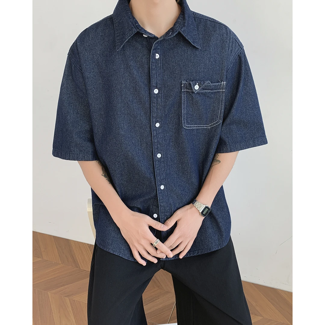 日系复古工装蓝色牛仔短袖衬衫男士夏季新款宽松痞帅情侣衬衣外套