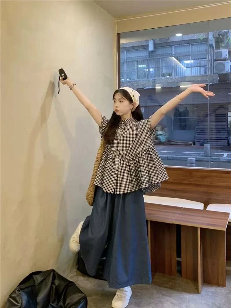 大码日系复古圆领短袖格子衬衫女胖mm百搭显瘦宽松上衣➕阔腿裤