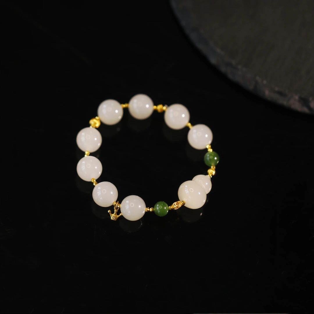 麦麦【雨荷轻舞】天然h和田玉藕粉+碧玉+18K  葫芦 手串 多样性发一