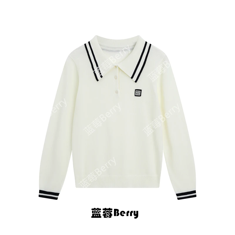 学院风翻领拼接复古针织毛衣女秋冬新款polo领高级感打底衫