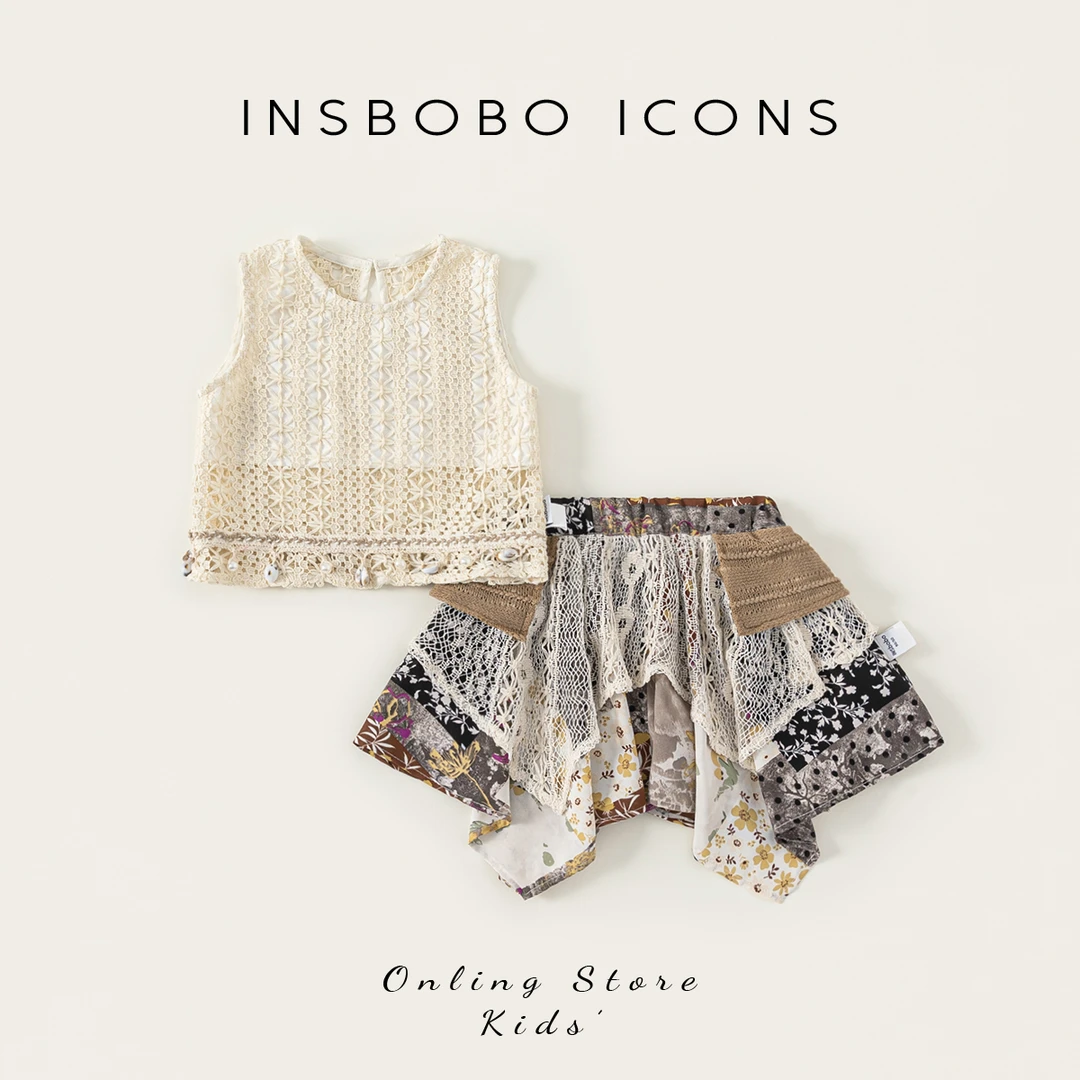 INSbobo女童波西米亚风套装针织镂空背心不规则拼接半身裙XT25410