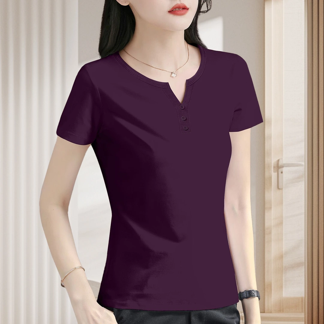 90支新疆长绒棉V领紫色短袖t恤女夏季2026新款洋气时尚高级感上衣