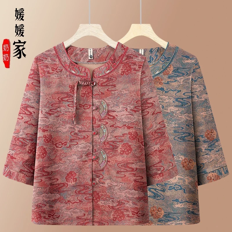 中老年人春季薄款衣服女奶奶夏装衬衣妈妈七分袖上衣老人国风衬衫