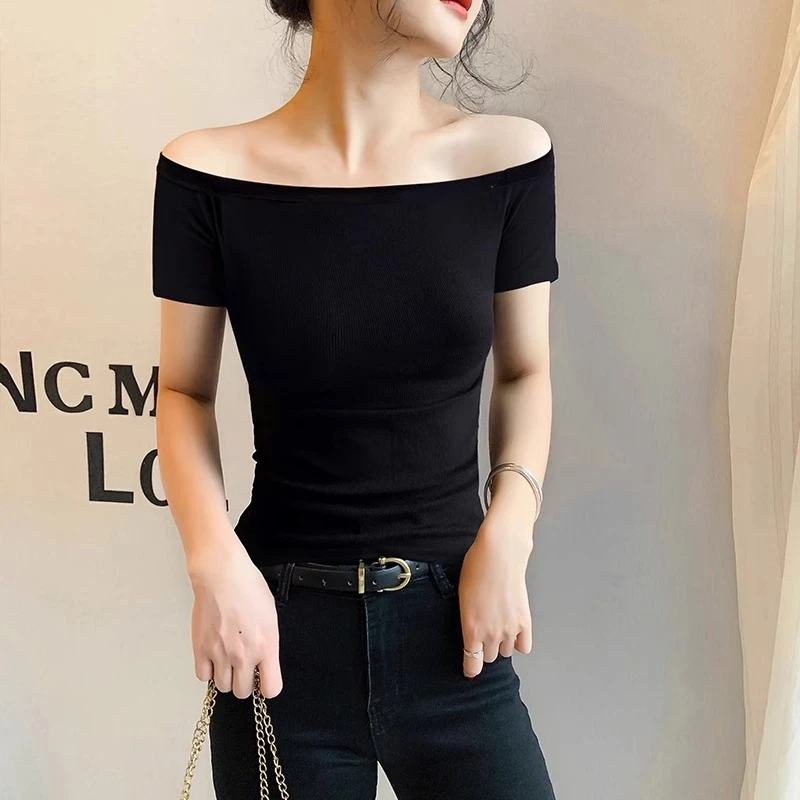 黑色一字领露肩短袖t恤女2025新款螺纹低领设计感针织薄款上衣夏