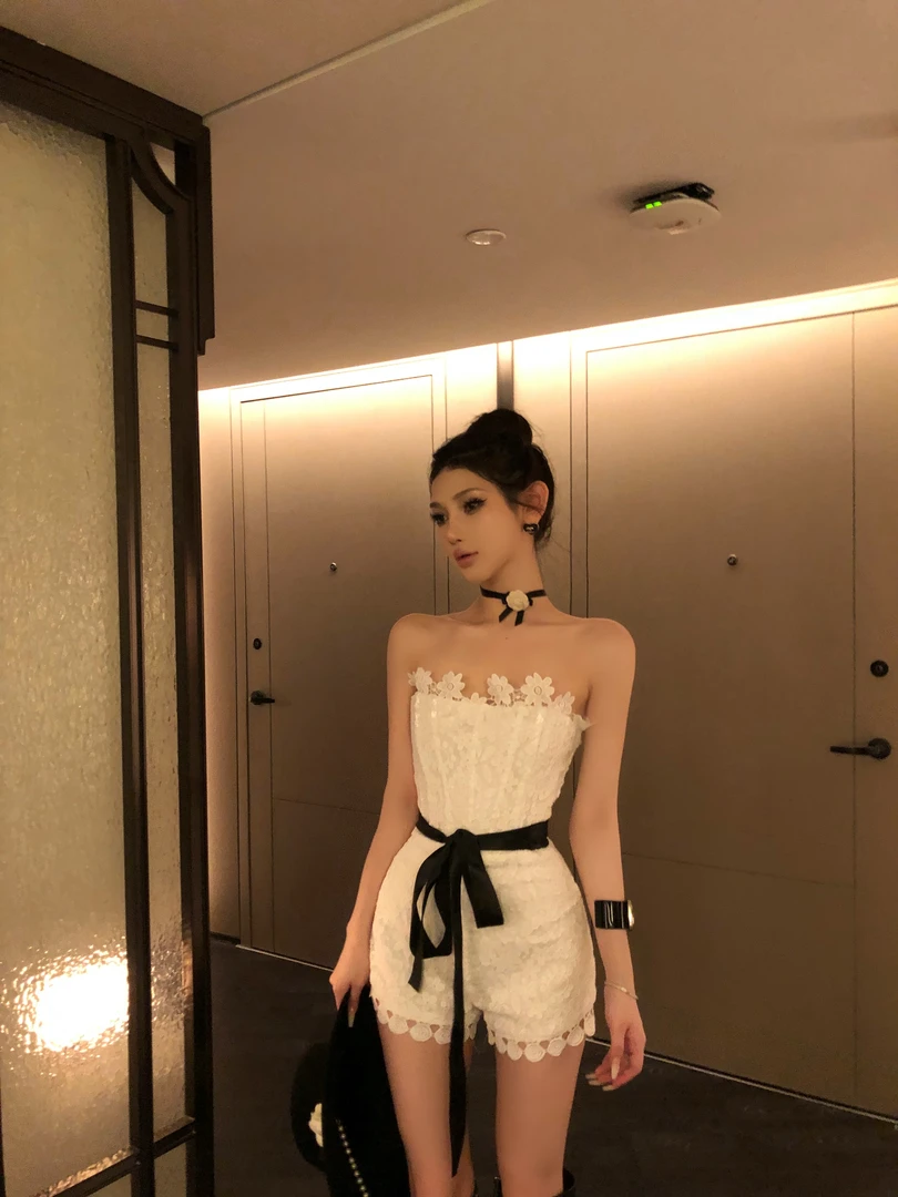 ChiclyNana  优雅温柔抹胸连体裤蕾丝花边纯欲蝴蝶结名媛连体衣