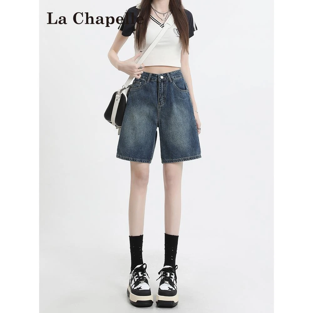 拉夏贝尔复古五分牛仔短裤女夏季2025新款小个子高腰宽松阔腿中裤