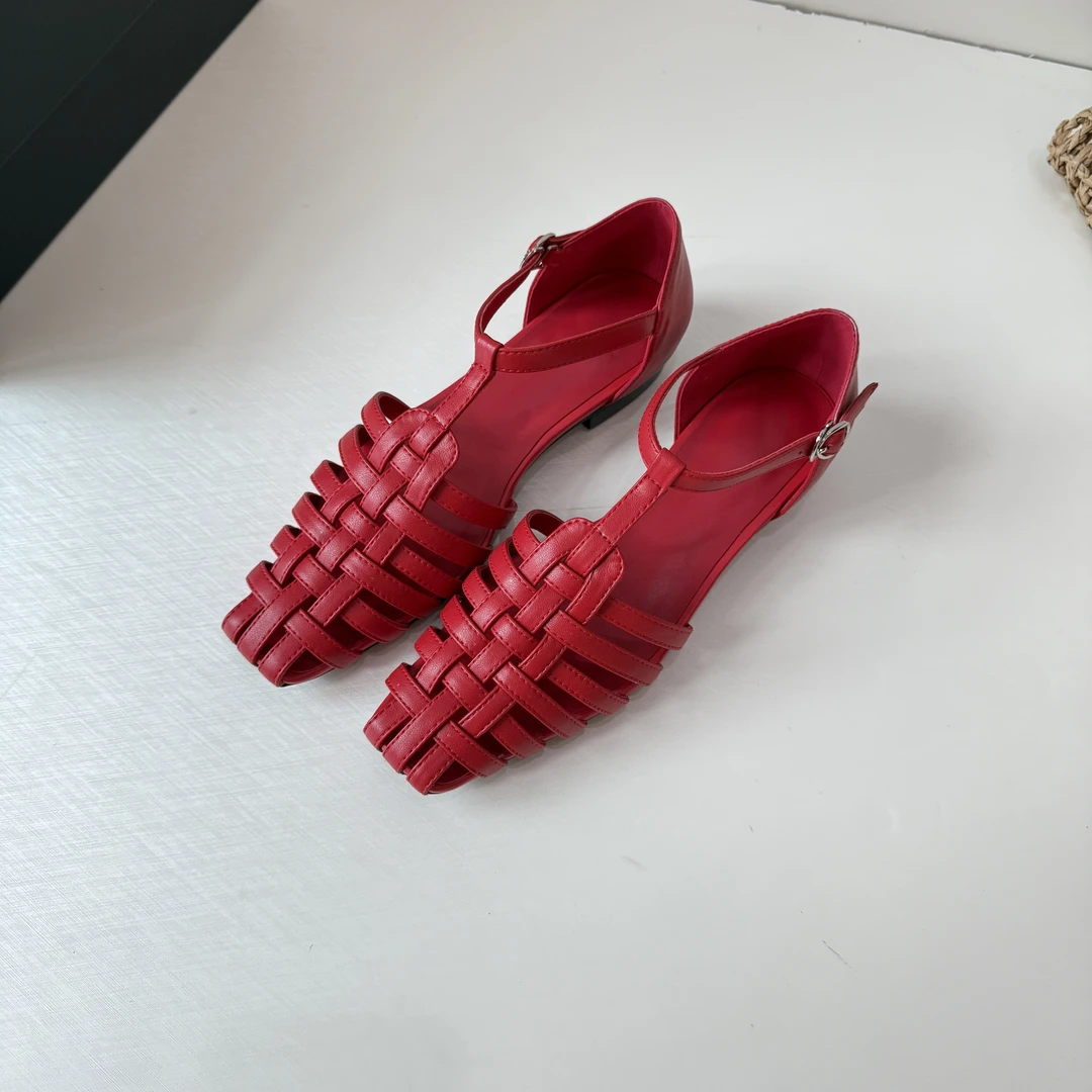 25新款设计感罗马编织平跟真皮法式方头是长凉鞋