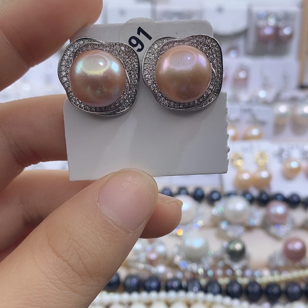 耳饰淡水珍珠银S925镶嵌12.6mm