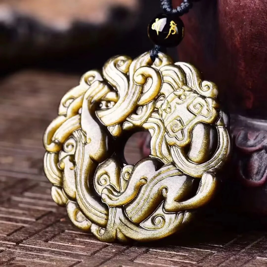 金曜石草龙吊坠天然冰种黑曜石生肖龙扣挂坠彩虹眼黑曜石草龙吊坠