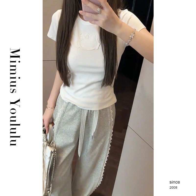 【mimius】&喵喵  凯蒂猫刺绣正肩显瘦短袖T恤 G02311