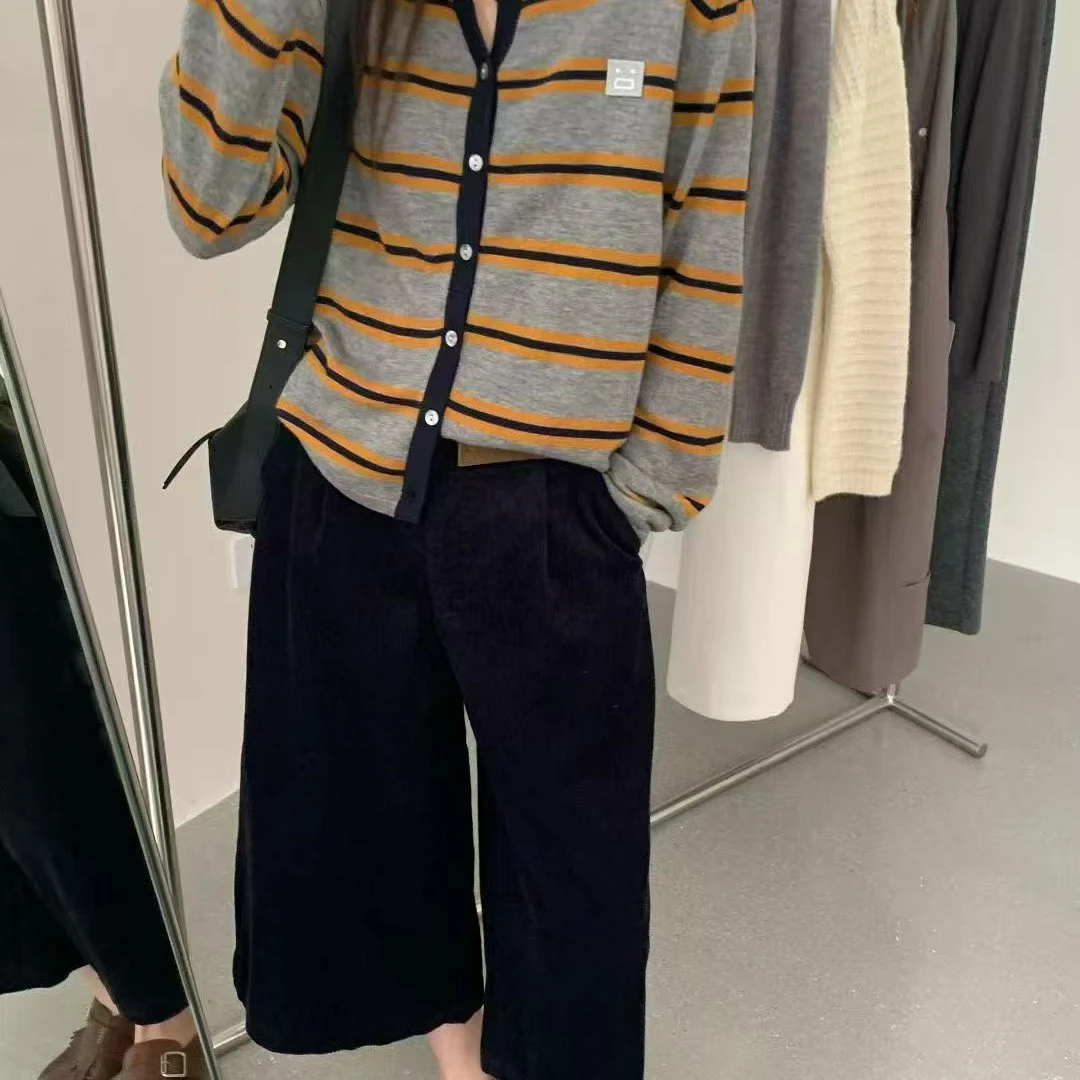 笑脸圆领针织条纹女秋季毛针织衫百搭套头早秋女装
