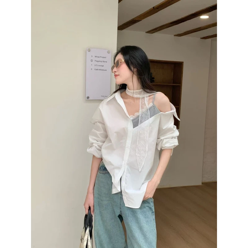 韩系休闲宽松假两件露肩长袖衬衫女夏小众设计蕾丝拼接不规则衬衣