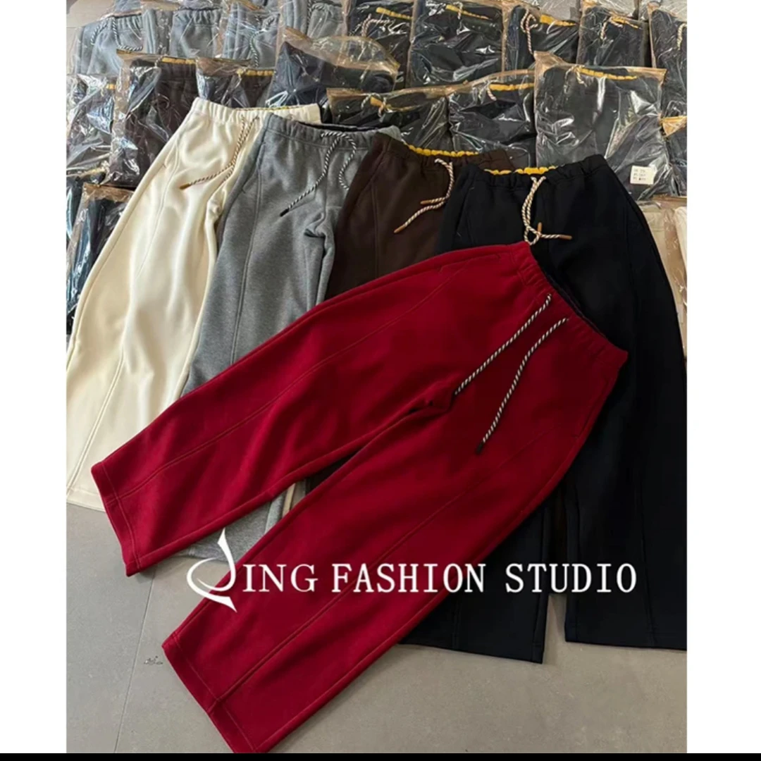 《好运来顶配裤》冬季新款258137抽绳高腰拼色直筒裤宽松百搭休闲