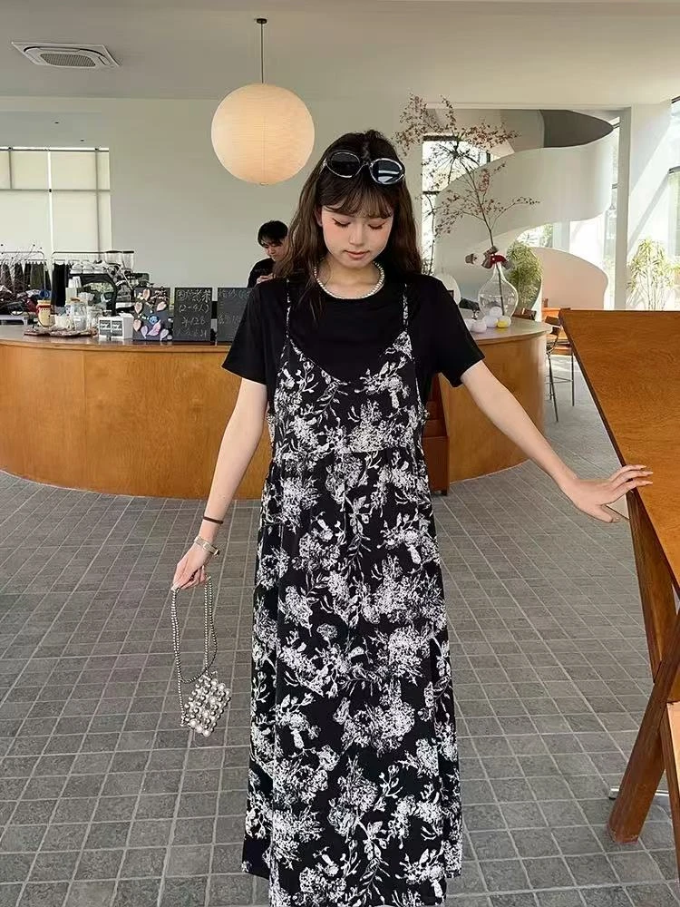 1519 新款春夏季时尚宽松显瘦吊带碎花连衣裙假两件套裙子