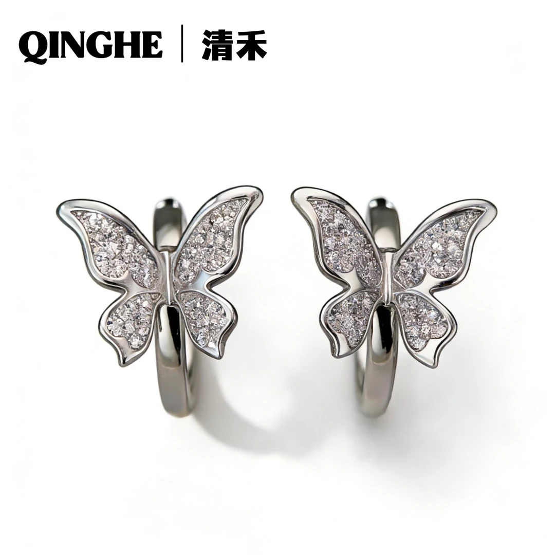 925银合成锆石耳饰 蝶恋蝴蝶耳环女小众设计感高级耳圈锆石百搭