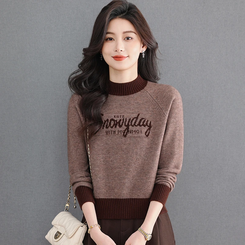 正品冬季新款拼色字母刺绣半高领针织打底衫洋气减龄休闲百搭通勤