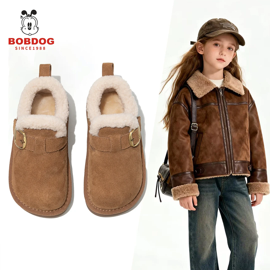 巴布豆女童加绒勃肯鞋2025冬季新款保暖毛毛面包鞋加厚外穿大棉鞋