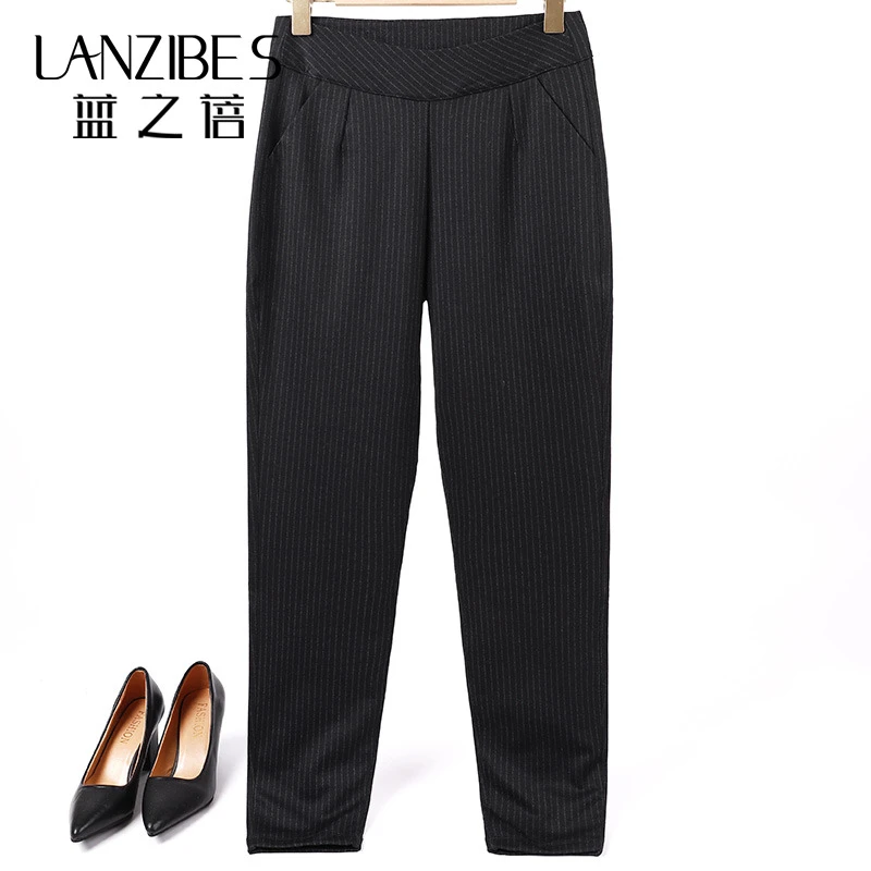 LANZIBES/蓝之蓓秋冬真丝拉绒加厚休闲裤条纹显瘦保暖小脚裤E055