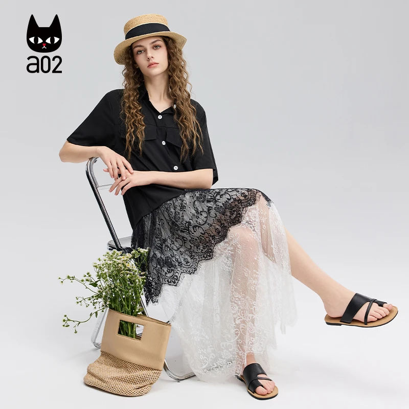 a02a02蕾丝拼接法式连衣裙女2025新款夏季轻薄韩系显瘦设计感裙子