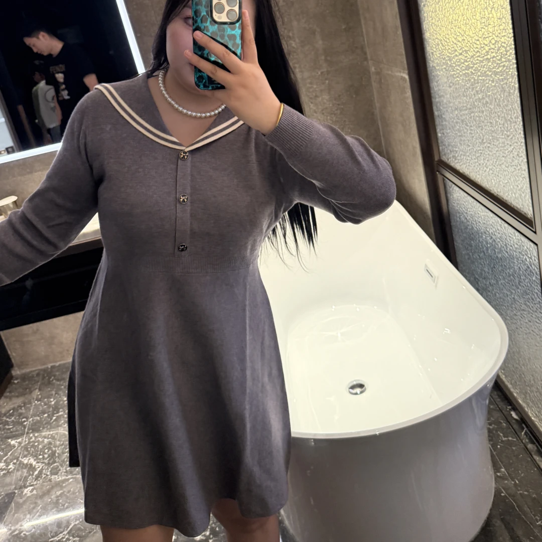 大码女装海军领连衣裙女毛衣裙2025秋胖mm气质学院风针织裙