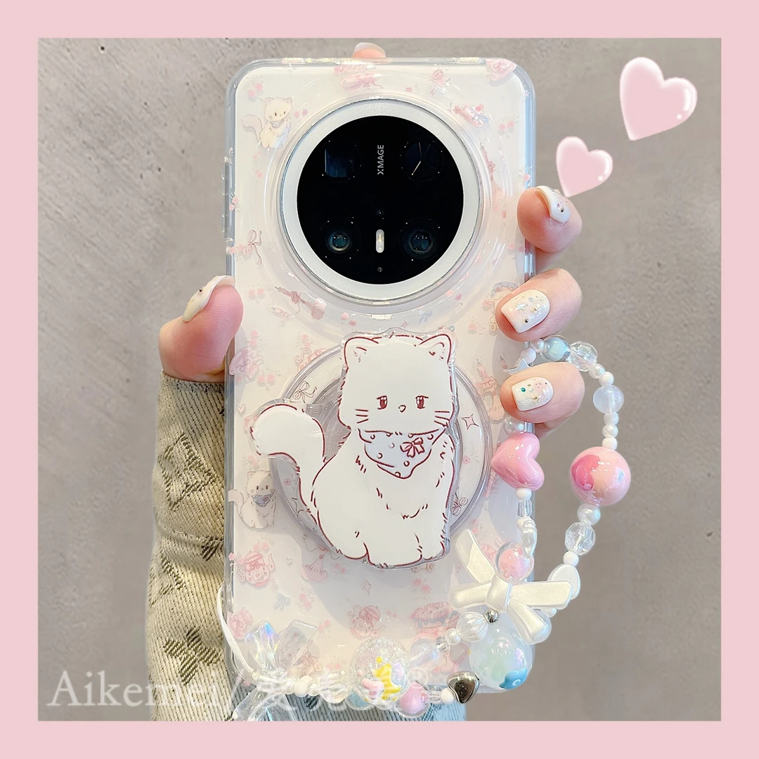 适用华为mate70pro+手机壳蛋糕猫咪Mate60pro+蝴蝶结磁吸支架链条