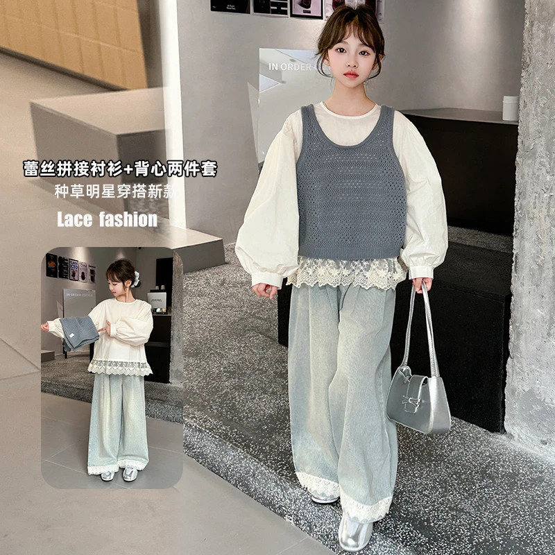 女童春秋马甲衬衫三件套2025新款小女孩韩版洋气儿童春季时髦套装