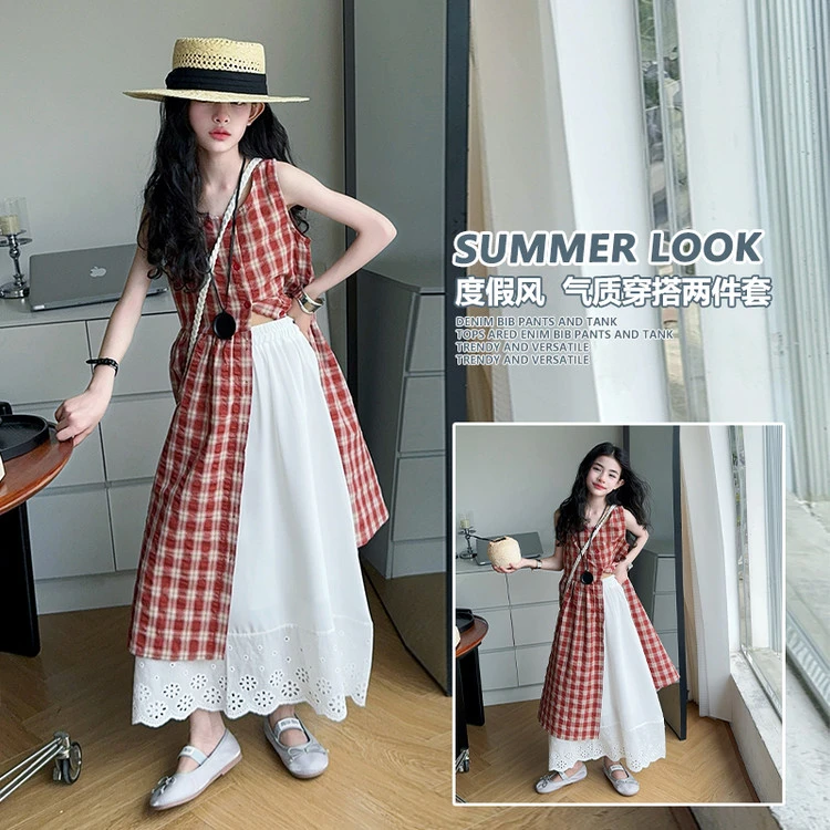 2025夏季新款女童中大童洋气时尚格子半身裙套装女大童休闲套装