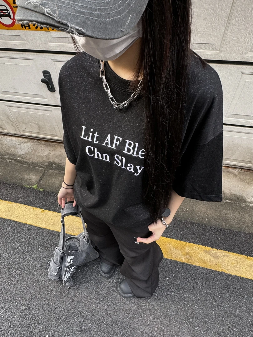 木子羊 复古亮点设计字母标语短袖T男女vintage宽松嘻哈上衣服