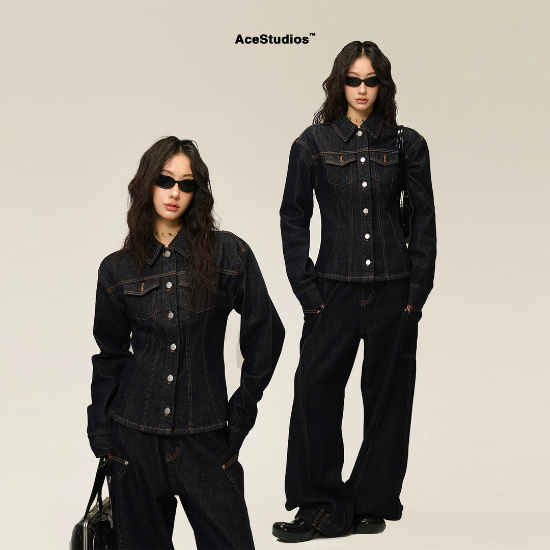 AceStudios美式复古水洗短款收腰牛仔外套宽松直筒牛仔裤套装女