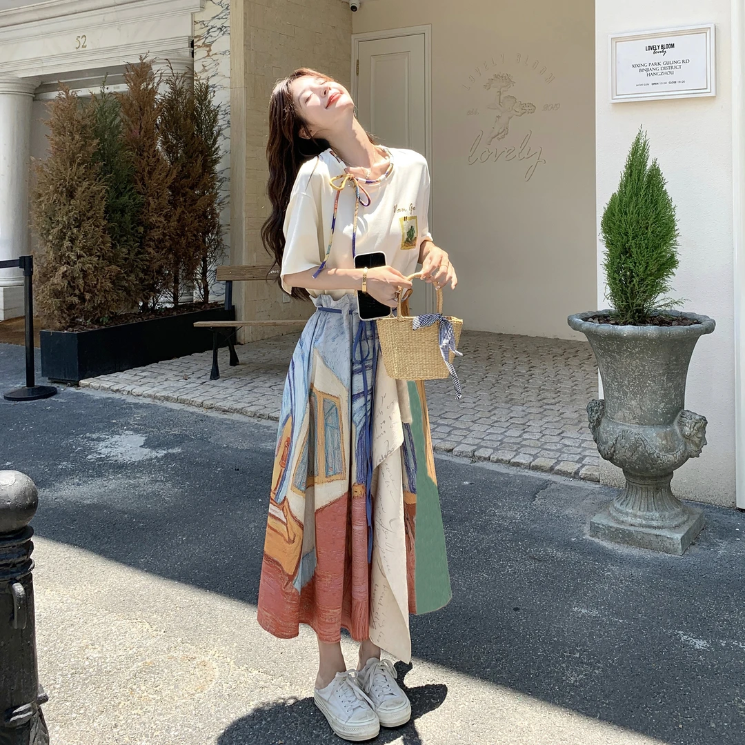 氛围感穿搭油画半身裙套装女2025夏季新款文艺复古气质独特两件套