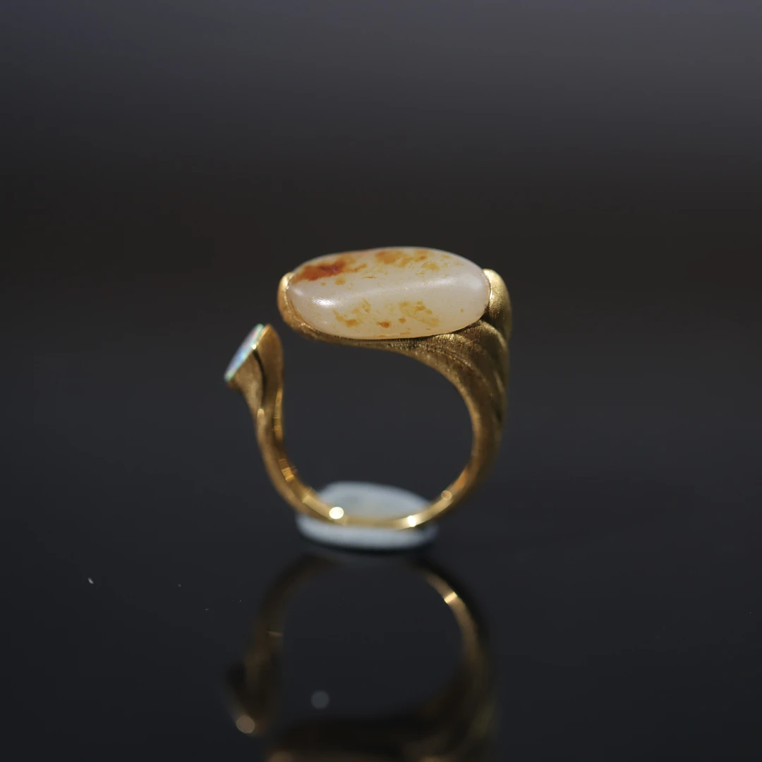 新疆和田玉18K金设计款戒指开口戒设计师气质时尚女士小众轻奢