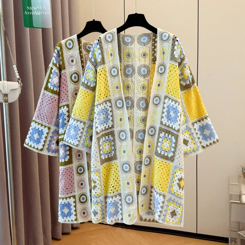 多巴胺彩色针织开衫外套女款春秋大码胖mm钩花镂空上衣中长款披肩