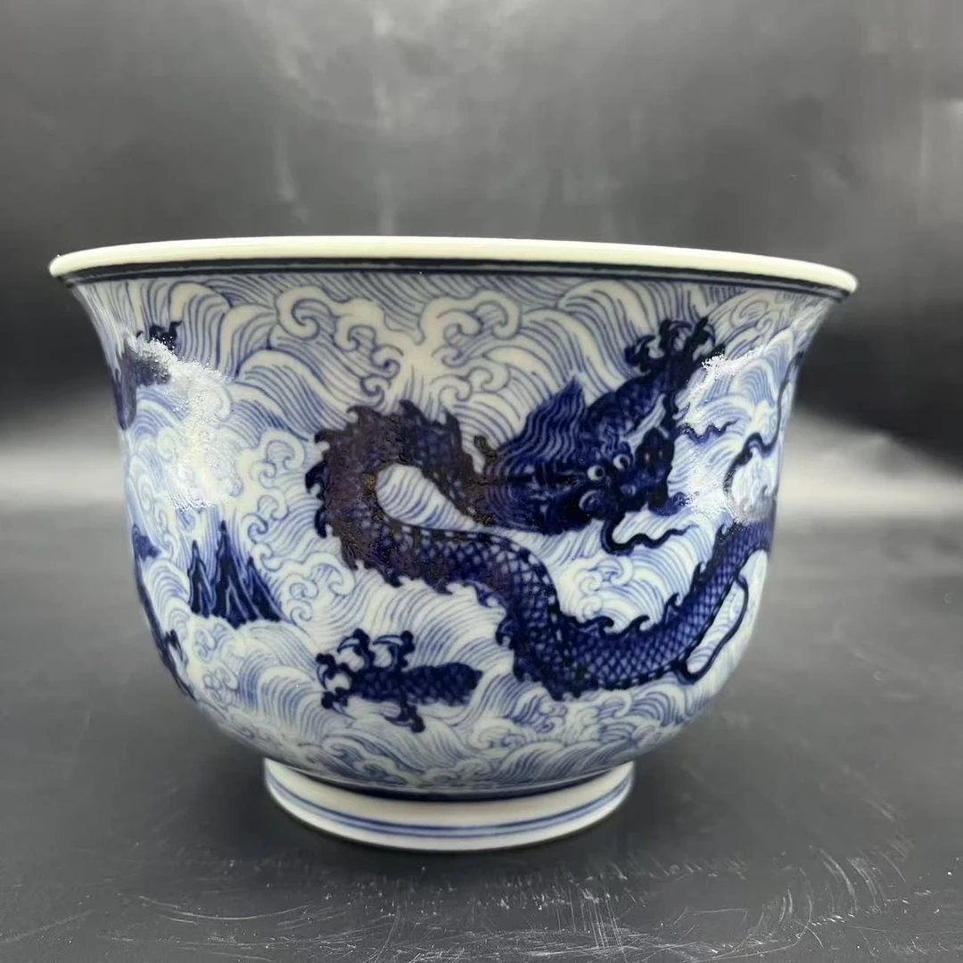 景德镇仿古手绘青花海水龙纹大水洗城芯堂青花瓷茶杯