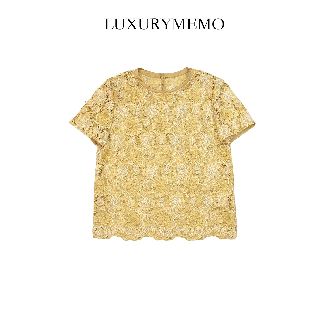 LUXURYMEMO【中意你】欧若风立体花朵蕾丝钩花上衣短袖82834