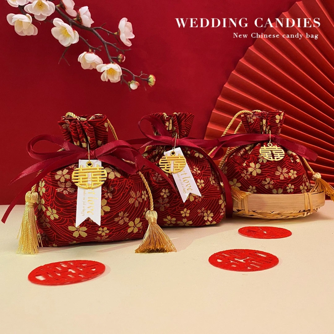 2025新款喜糖袋子中式结婚专用糖果袋布袋抽绳束口免折叠伴手礼盒
