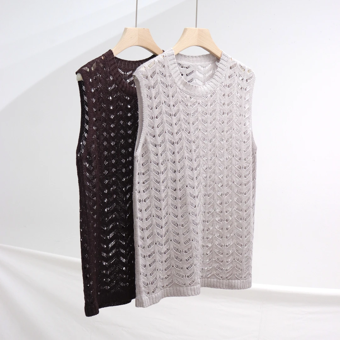 亚麻针织镂空钩花背心随性慵懒针织背心