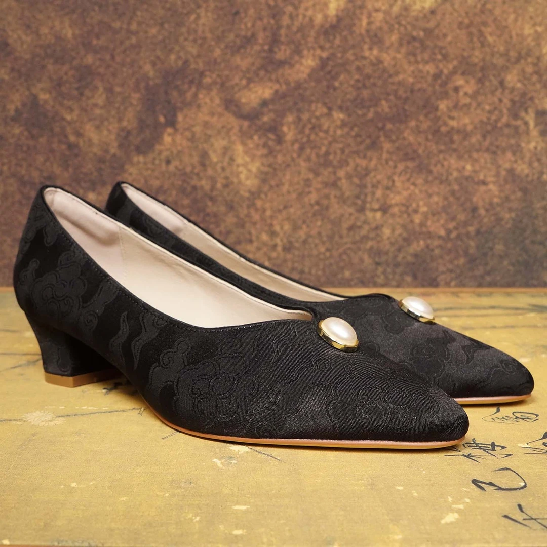 [枫林婉](仙露明珠)手工国风气质浅口粗跟端庄温婉大气低跟女鞋