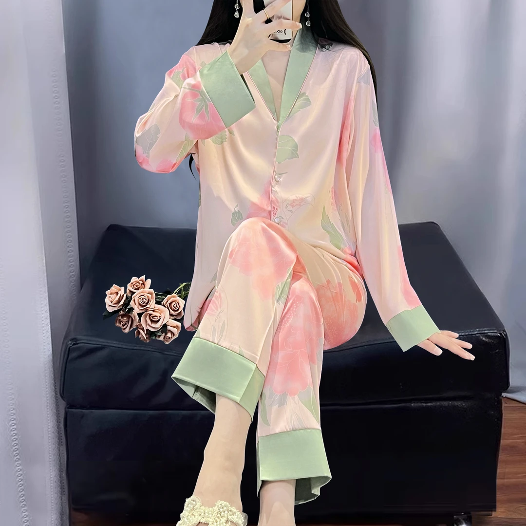 2025新款冰丝睡衣女春夏季高级感开衫长袖甜美国风印花家居服套装